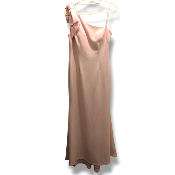 Eliza J One-Shoulder Satin Bow A-Line Blush Pink Evening Dress Maxi Gown- 12 - Picture 3 of 16
